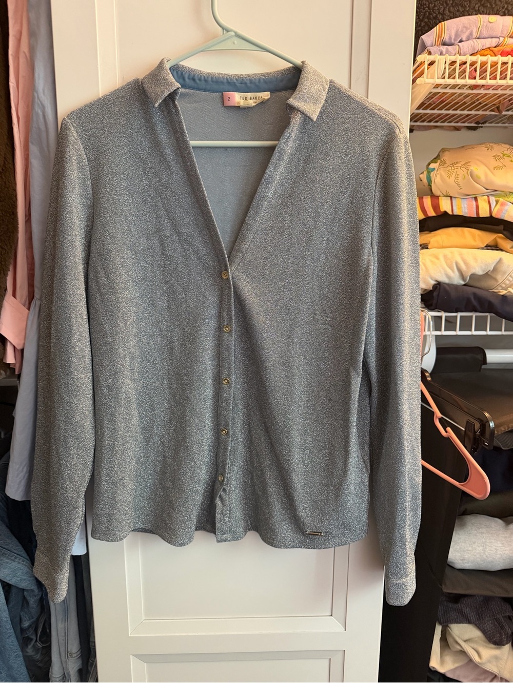 Ted Baker Sparkle Button-Up Cardigan in Shimmery Blue